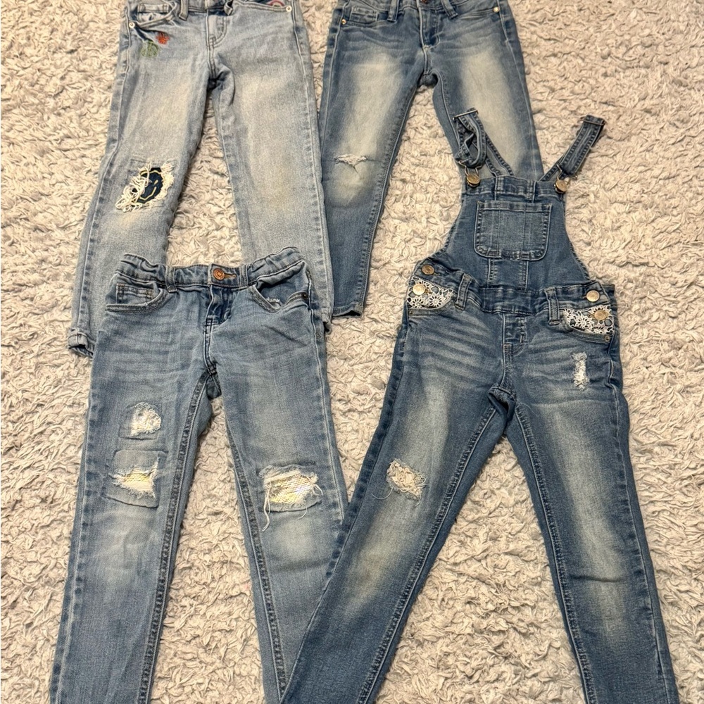 Girls size 5 denim jeans bundle lot of 3 pairs + 1 jeans overall size 6